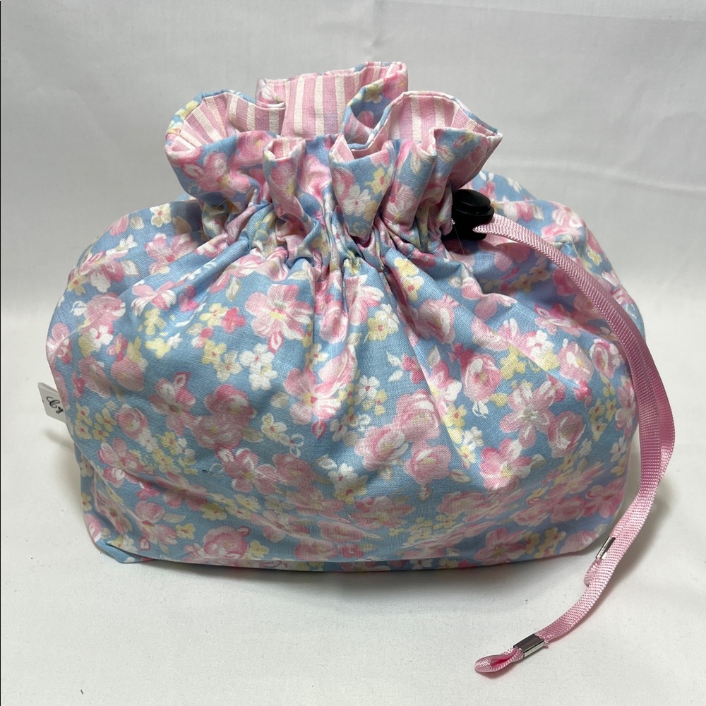 Handmade Floral Pink & Blue Cosmetic/Makeup/Jewelry Drawstring Pouch